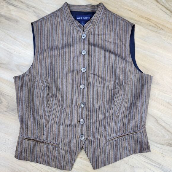 🔹️Vintage Anne Klein II Brown Pinstripe Button Front Sleeveless Vest Size 6 - Picture 1 of 11